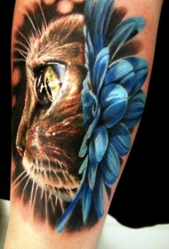 逼真的猫咪肖像和蓝色甘菊纹身图案