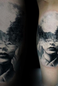 小腿黑色山地森林人像纹身图案