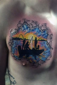 胸部逼真的彩色捕鱼家庭纹身图案