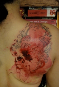 背部彩色的超现实主义风格骷髅头纹身图案