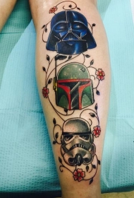 小腿有趣的卡通彩色星球大战英雄头盔纹身图案