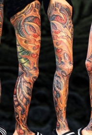 腿部彩色生物力学机械纹身图案