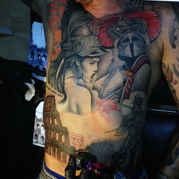 胸部和腹部new school罗马角斗士纹身图案