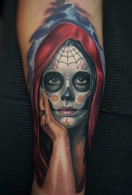 手臂彩色墨西哥传统女性肖像纹身图案