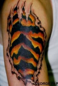 肩部彩色老虎毛皮撕皮纹身图案