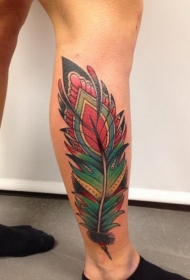 小腿彩色new school羽毛纹身图案