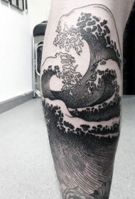 线条简单的巨大黑色线条浪花纹身图案