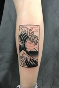 女生手臂上黑色素描海浪花文艺小清新纹身图片