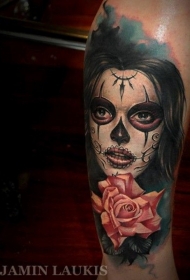 腿部彩色死亡女神纹身图案