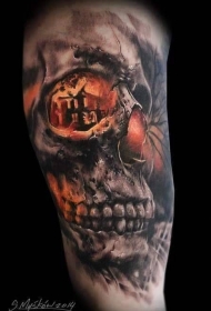 彩色神秘骷髅头燃烧的房子纹身图案