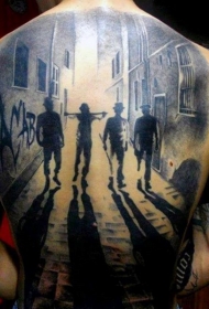 背部很酷的黑白暴徒与夜间城市纹身图案