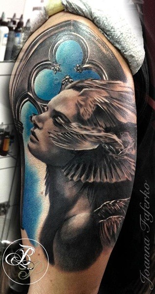 大腿漂亮颜色的神秘女人肖像纹身图案