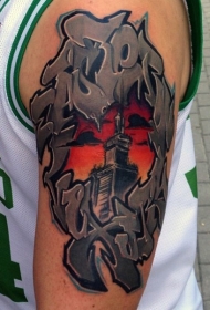 彩色肩部涂鸦与老房子纹身图案