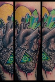 腿部新风格的彩色三角眼心脏纹身图案