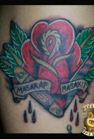 腿部彩色玫瑰花与字母纹身图案