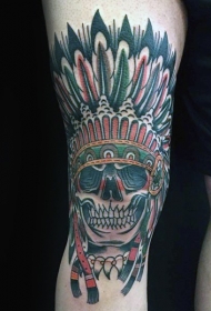 腿部彩色插画风印度头骨纹身图案