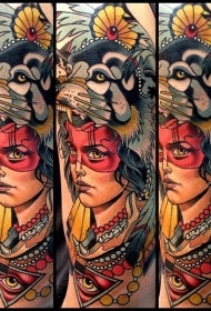 new school彩色女人肖像与狗头和珠宝纹身图案