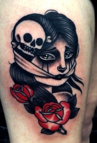腿部彩色old school妇女与骷髅纹身图片
