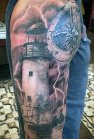 现实主义风格的彩色灯塔与指南针纹身图案