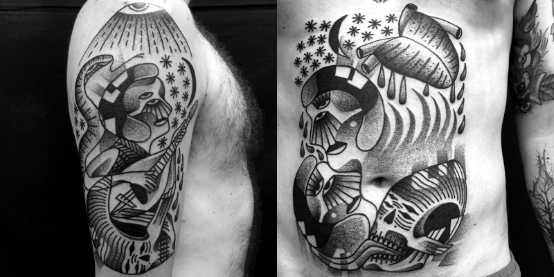 腹部和大臂old school黑白小丑画像纹身图案