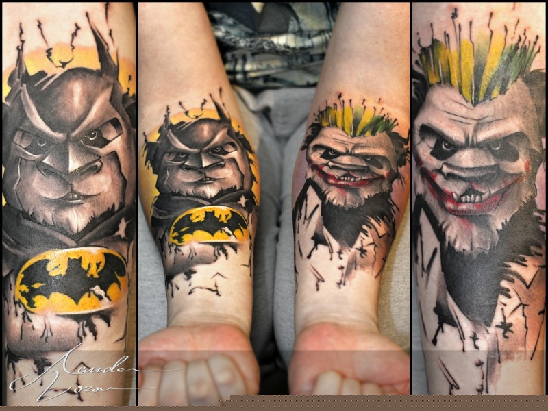 手臂彩色卡通熊猫蝙蝠侠和小丑纹身图案