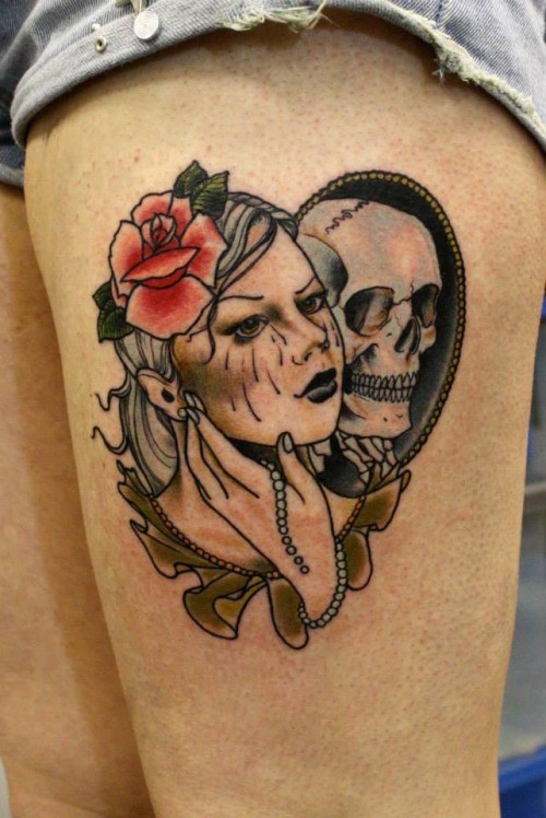 腿部彩色女孩骷髅纹身图案