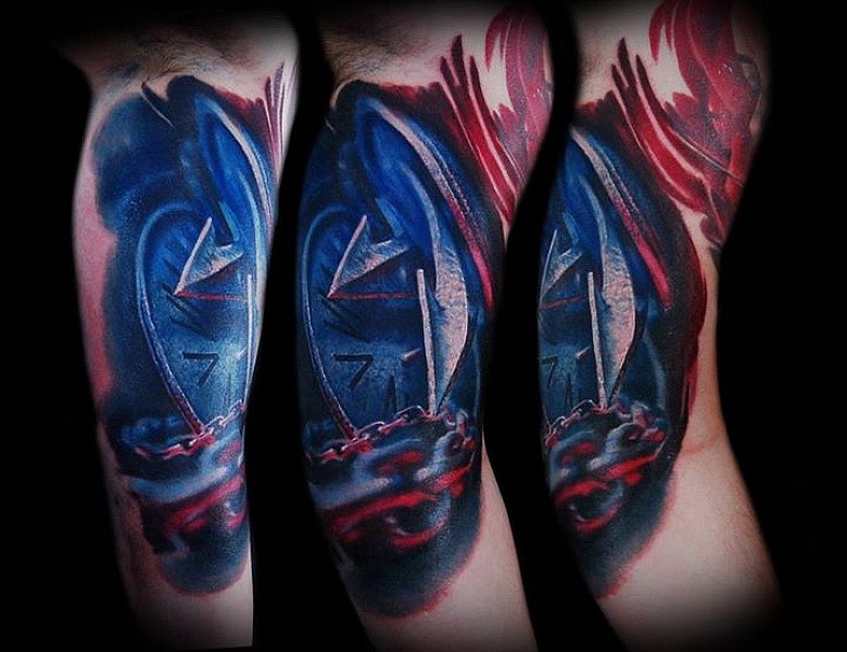 手臂彩色插画风格链条钟表纹身图案