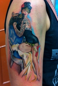 肩部彩色复古辣妹舞者纹身图案