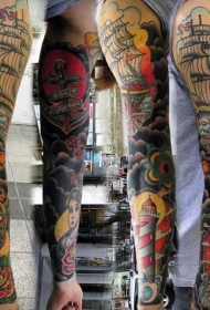 花臂彩绘航海主题纹身图案