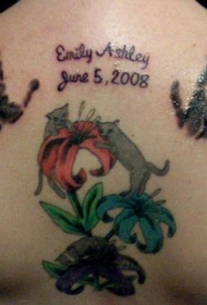 背部手印和猫花卉彩色纹身图案