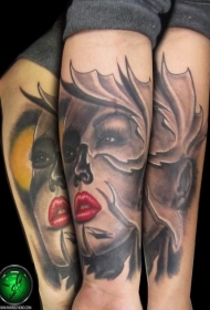 小臂new school彩色神秘女人脸纹身图案