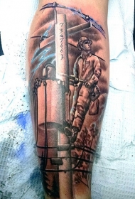 腿部棕色老学校的风格电工纹身图案
