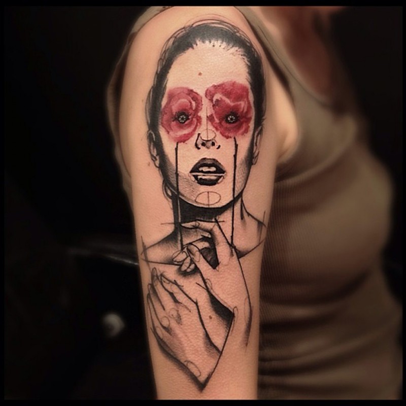 原始素描风格彩色女性肖像纹身图案