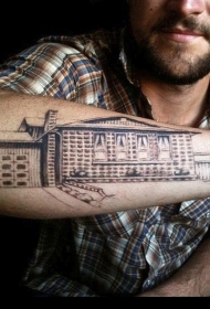 男性小臂old school黑白各种房屋纹身图案