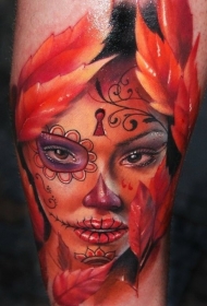 美丽的死亡女郎与红色叶子纹身图案