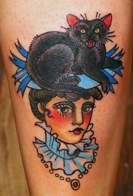 old school小腿美女与猫纹身图案