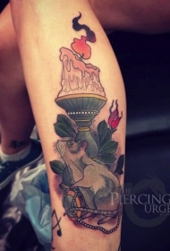 腿部新学校风格的彩色老鼠蜡烛纹身