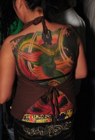 满背彩色美丽的大翅膀纹身图案