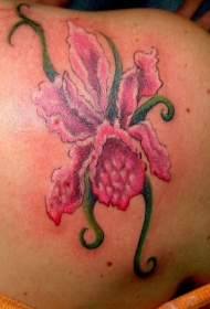 肩部彩色逼真的兰花纹身图案