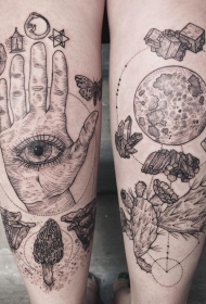 小腿超现实主义风格黑色各种神秘符号纹身图案