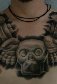 胸部黑灰风格古代雕像手纹身图案