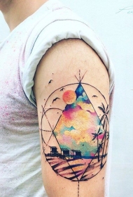 肩部几何风格的彩色饰品纹身图案