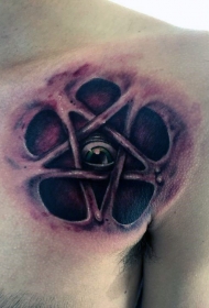 胸部彩色恐怖风格皮肤撕裂五角星和眼睛纹身图案