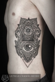黑灰色梵花与眼睛侧肋纹身图案