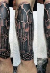 小臂栩栩如生的黑灰城市景观纹身图案