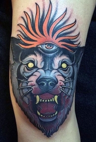 腿部彩色新学校风格恶魔狼头纹身