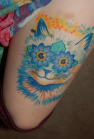 大腿神奇鲜艳的猫与花眼设计身图案