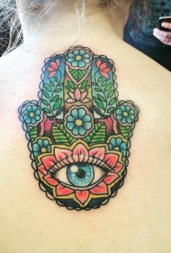 背部new school彩色法蒂玛之手符号纹身图案