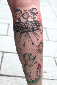 腿部彩色卡通儿童画纹身图案