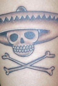 腿部棕色戴草帽骷髅纹身图案